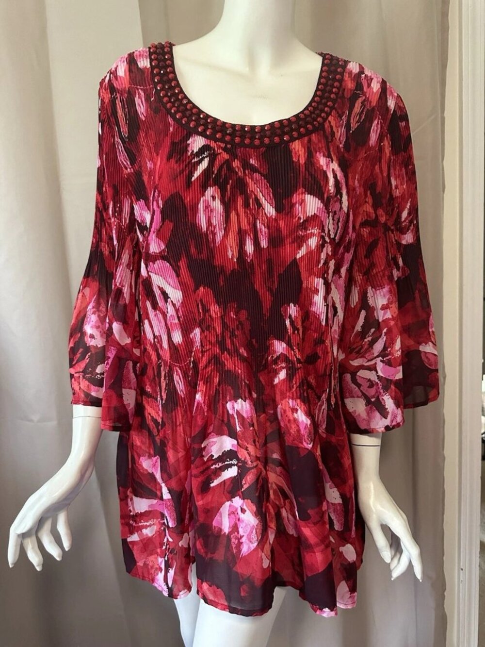 Gently Used - Catherine's Red & Pink Beaded Tunic Bell Sleeves Size 4X